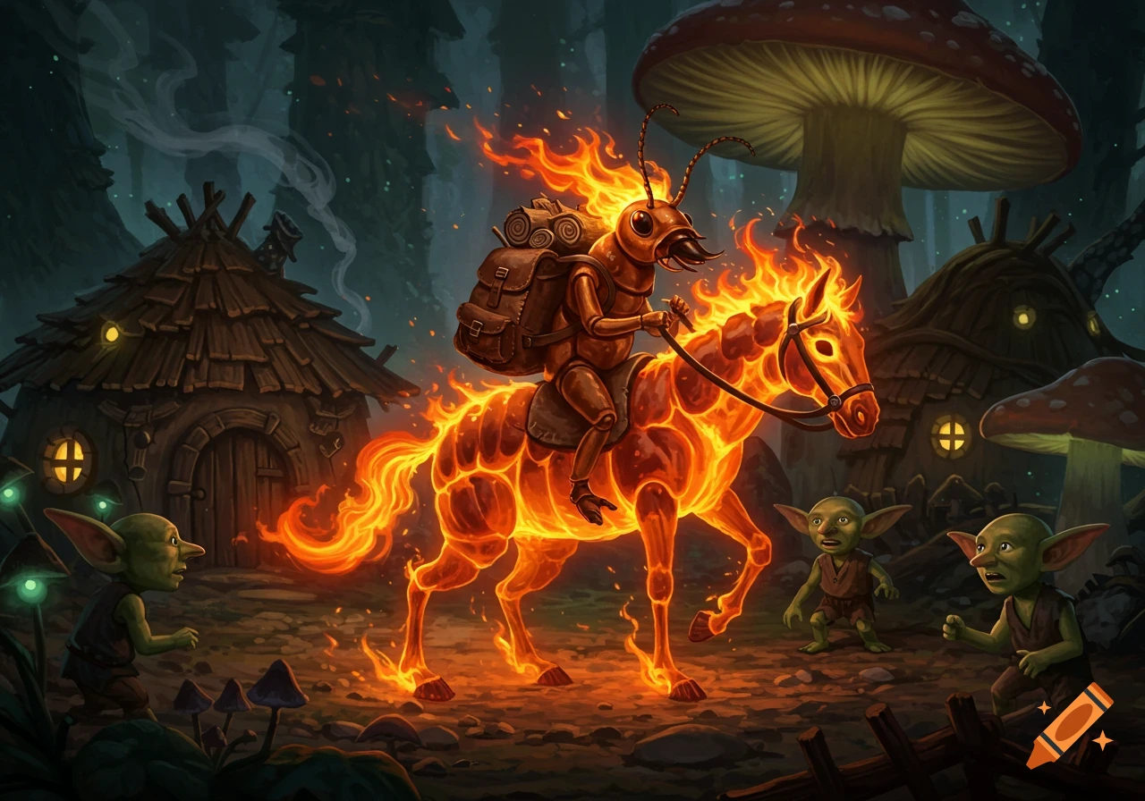 A termite-like creature with a backpack rides a fiery horse through a whimsical forest, past goblins and mushroom houses.