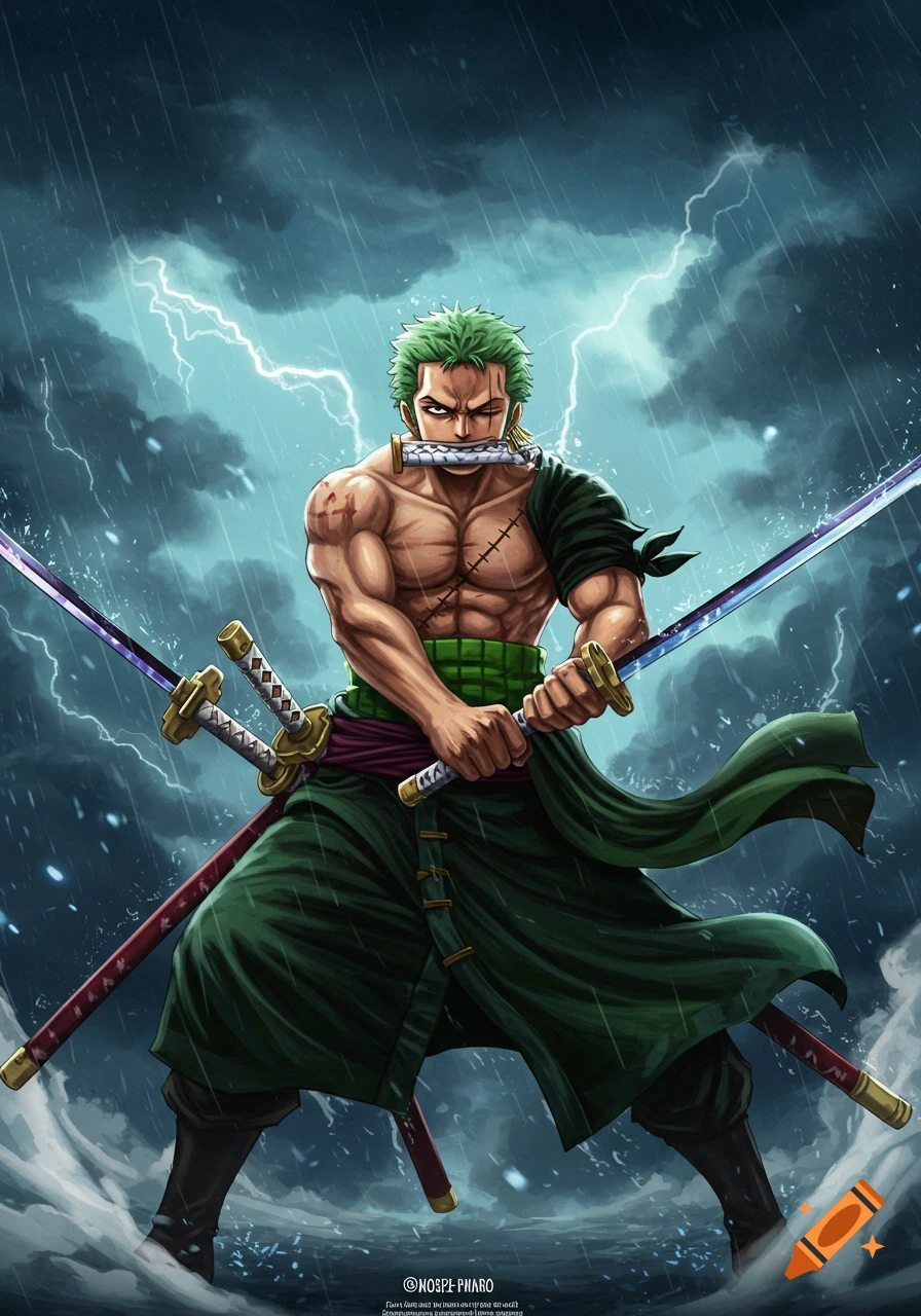 Muscular Zoro from One Piece, with green hair, holds three swords (one in mouth), standing in a stormy rain with lightning. Anime illustration.