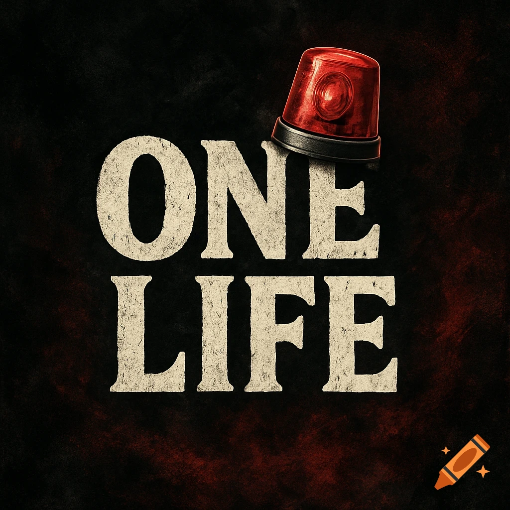 A grunge-style banner with "ONE LIFE" in textured white letters and a red police alarm light on a dark red and black background.