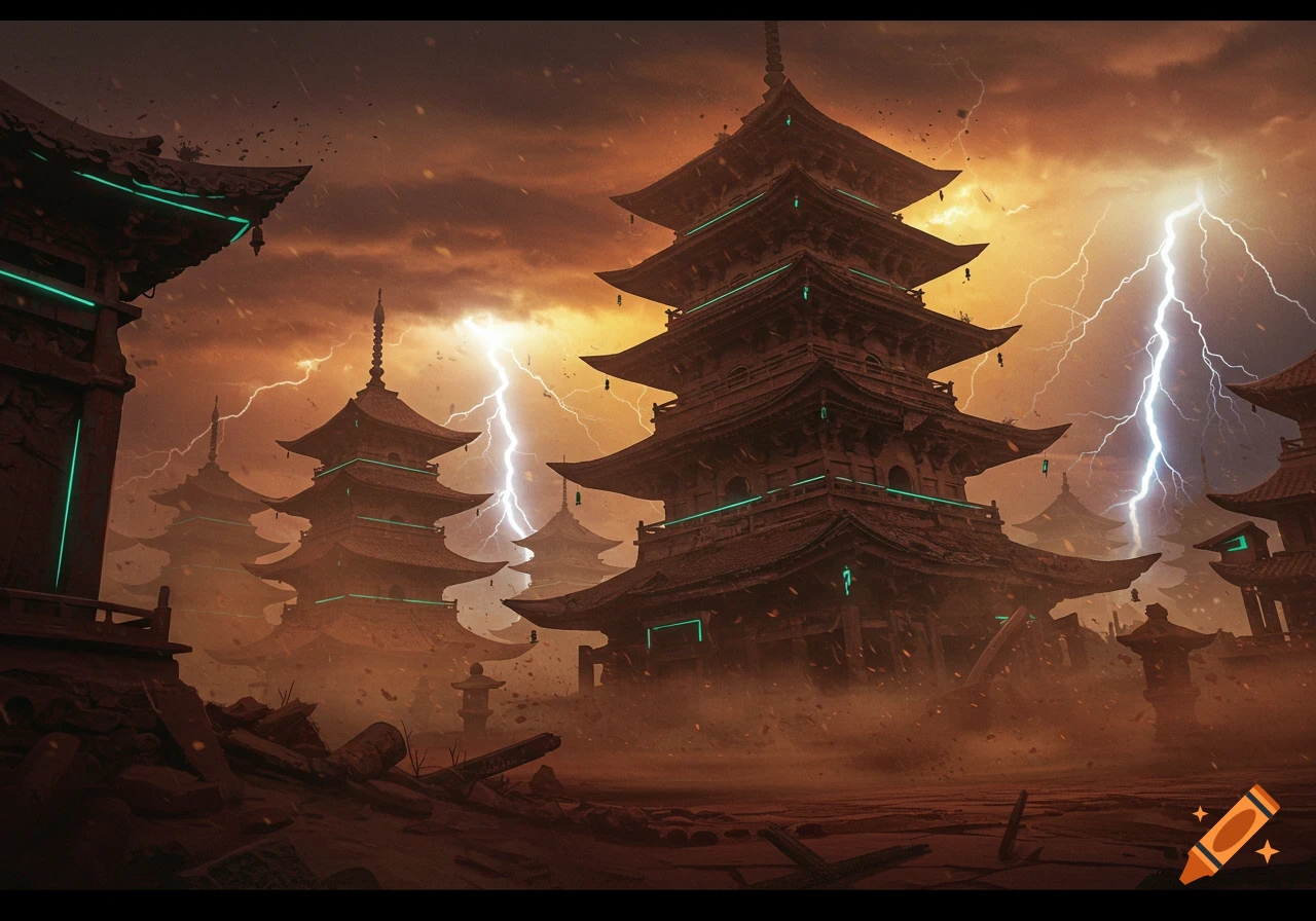 Dramatic scene of ruined Japanese pagodas with neon green highlights under a dark, stormy sky with lightning and a dust storm.