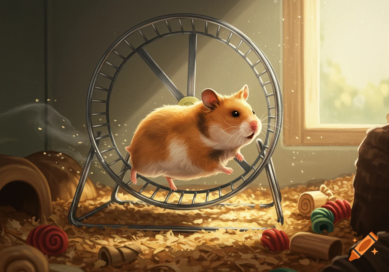 A fluffy orange and white hamster runs on a metal exercise wheel inside a cage with wood shavings and toys.