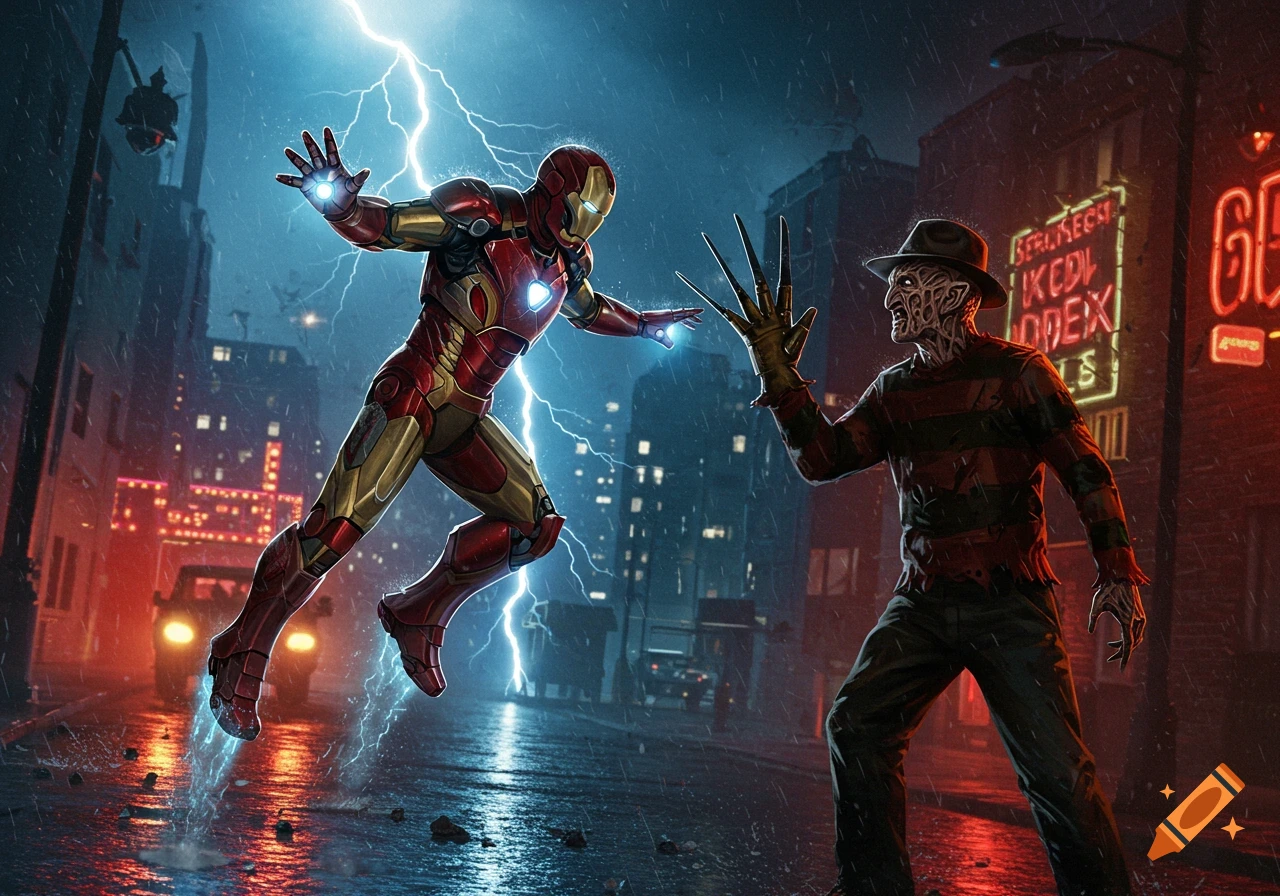 Iron Man and Freddy Krueger battle in a lightning-filled, rainy city street at night, illuminated by neon signs.
