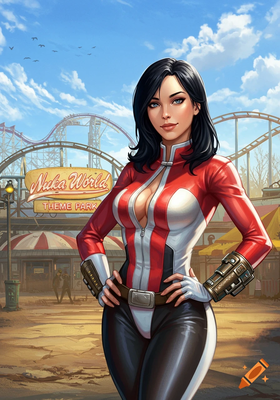 Beautiful woman in a red and white Nuka Girl costume poses at the entrance of Nuka World Theme Park, illustration.