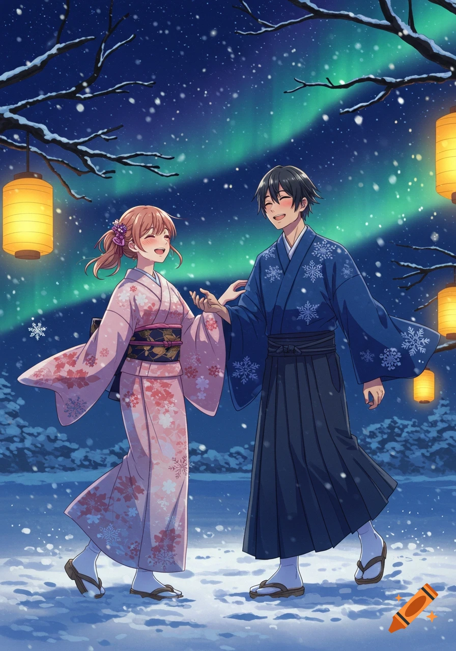 An anime couple in traditional Japanese winter attire smiles in a snowy landscape under the aurora borealis with lanterns.