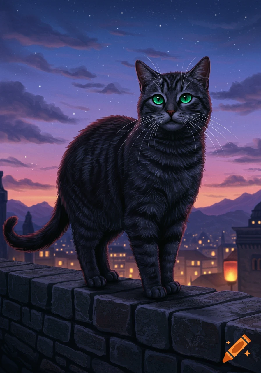 A detailed illustration of a dark tabby cat with bright green eyes standing on a brick wall, overlooking a city at twilight with a purple and orange sky.