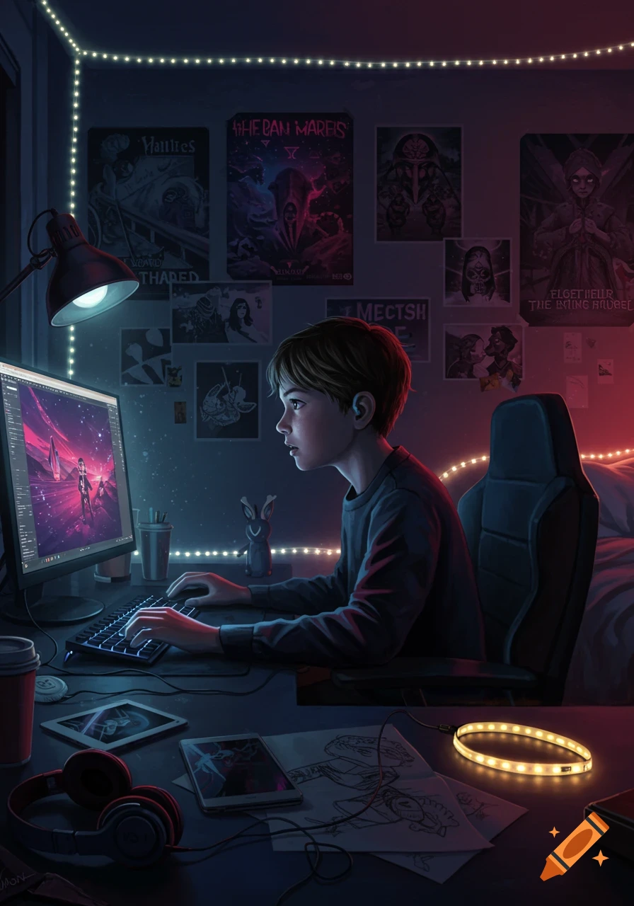 A young boy intently uses a computer in a dimly lit room decorated with posters and string lights, in a digital illustration style.
