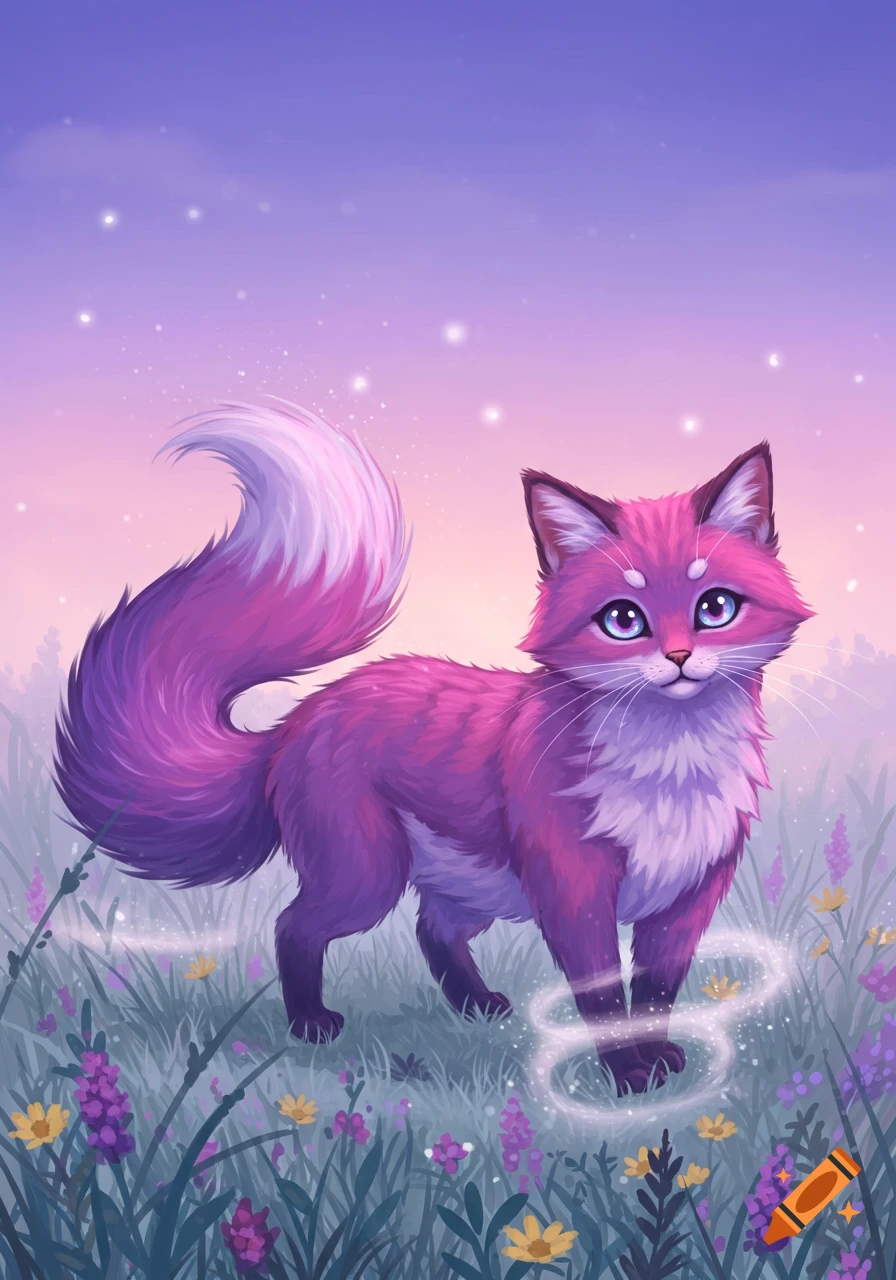 Adorable purple-pink fox-cat hybrid with glowing feet standing in a field of lavender and yellow flowers under a twilight sky.