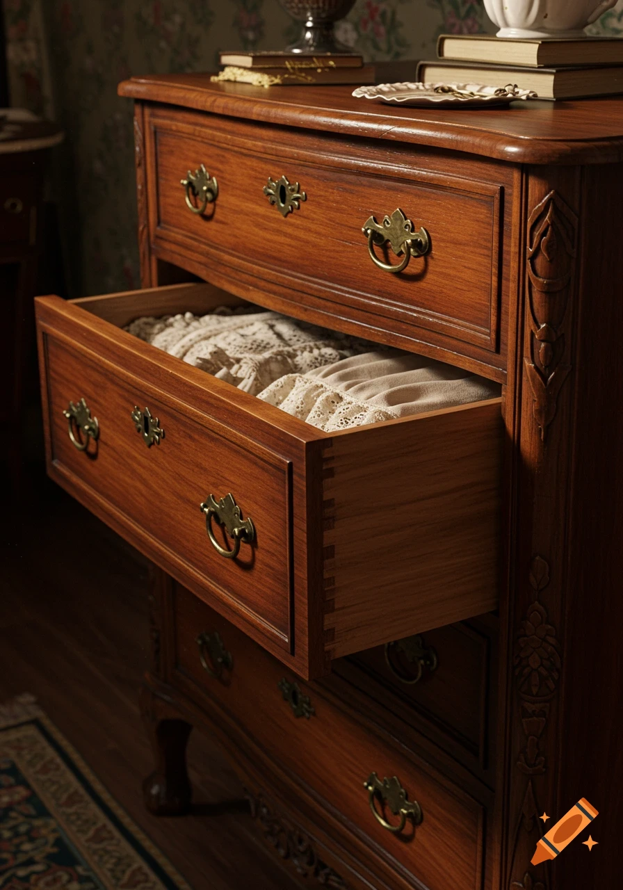 A photorealistic image of a vintage wooden chest of drawers with one drawer open revealing folded lace garments, with books on top.