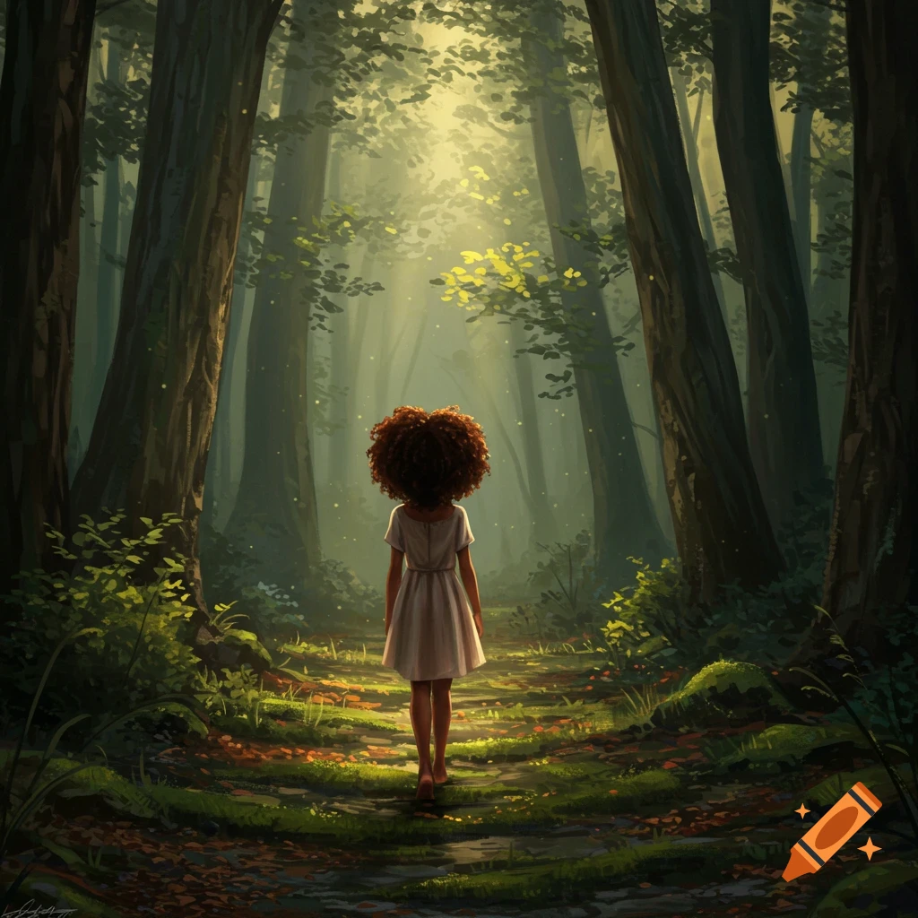 A girl with curly afro hair in a white dress walks away down a sunlit path through a mystical forest.