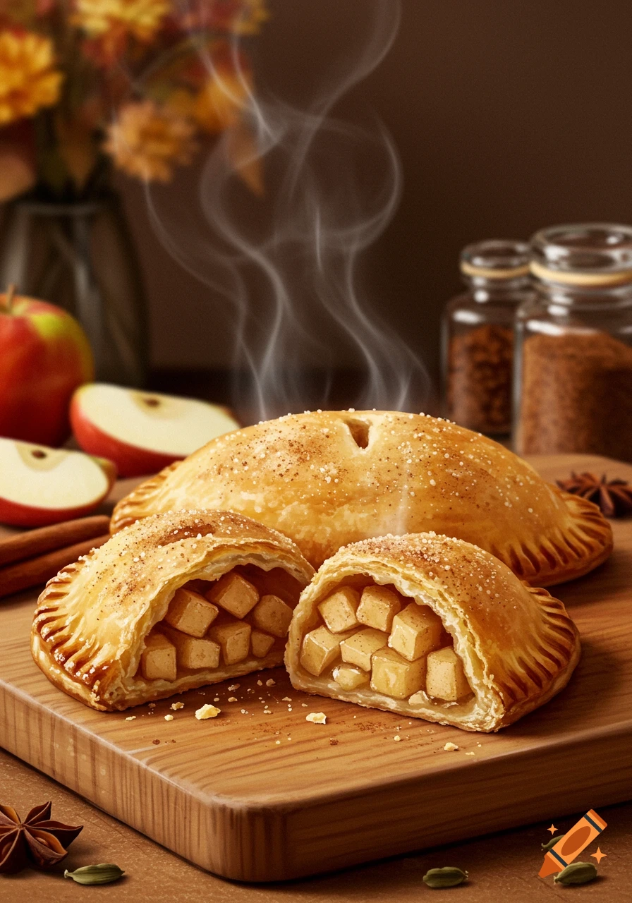 Steaming hot apple pie empanadas, one cut open revealing apple filling, on a wooden board with apples and spices.