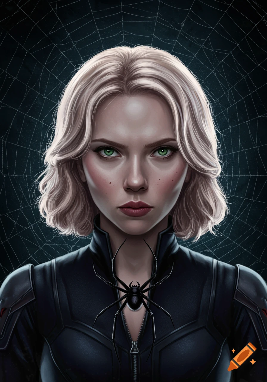 Stylized portrait of Marvel's Black Widow with blonde hair, green eyes, a black suit, and a black spider on her chest, with a spiderweb background.