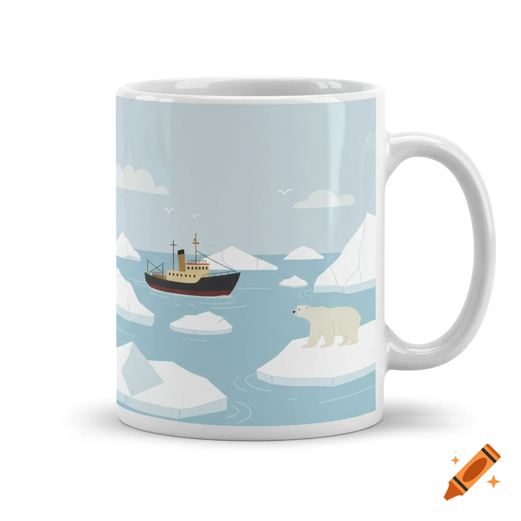 A white mug featuring a minimalist illustration of an Arctic scene with an icebreaker ship and a polar bear on an ice floe.