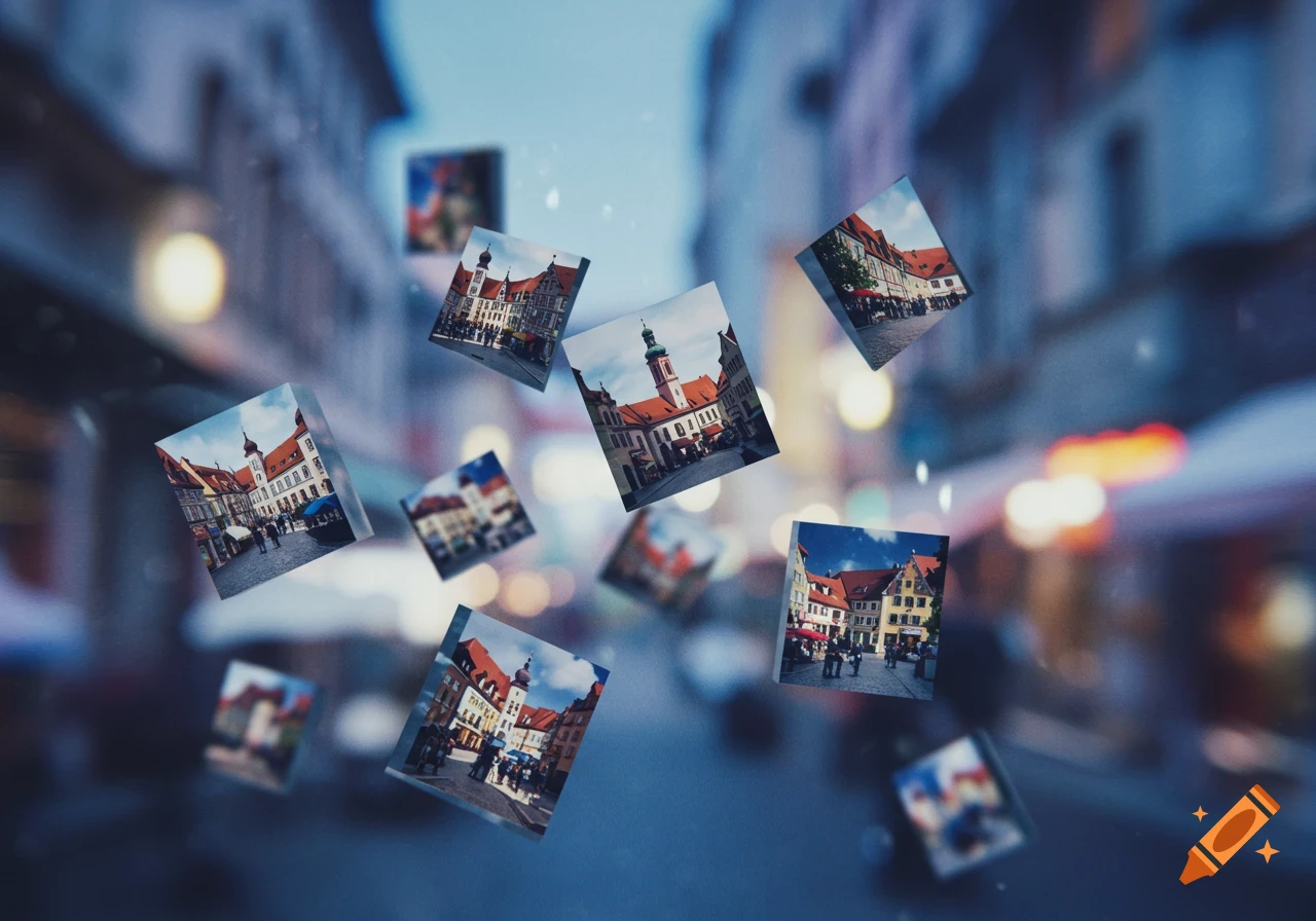 Floating transparent cubes show images of a historic European town's architecture and streets against a blurred blue urban background.