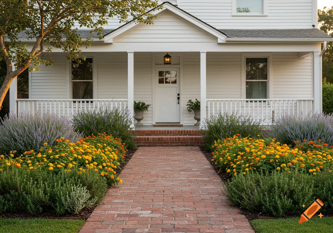 Photorealistic image of a charming white house with a brick walkway and colorful garden beds filled with Texas sage, lantana, and rosemary.