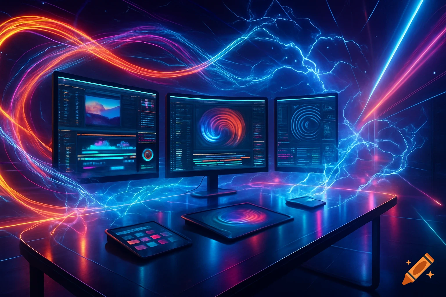 Futuristic desk with three glowing monitors, surrounded by neon blue and orange energy lines, reflecting on the surface.
