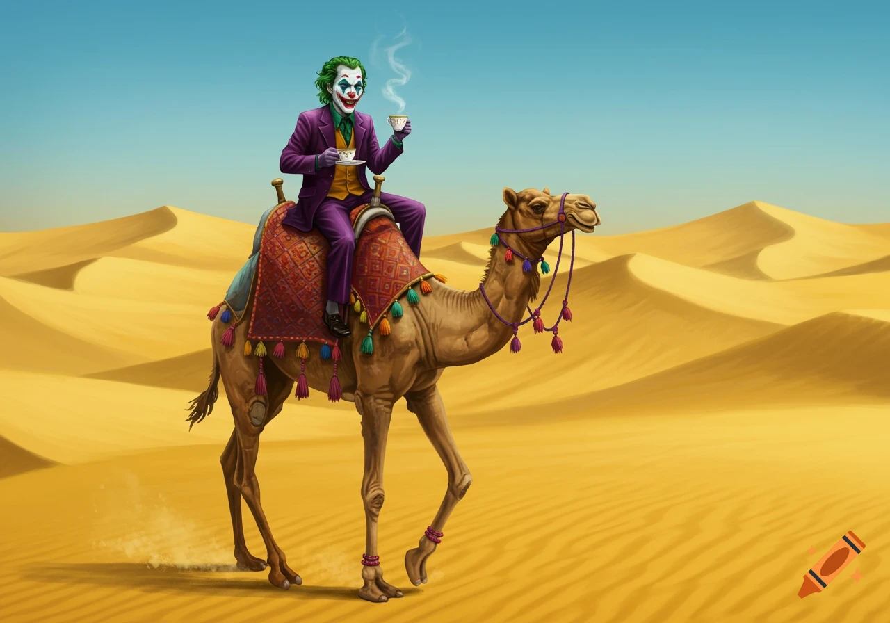 The Joker in a purple suit rides an ornate camel through a desert, holding a steaming teacup.