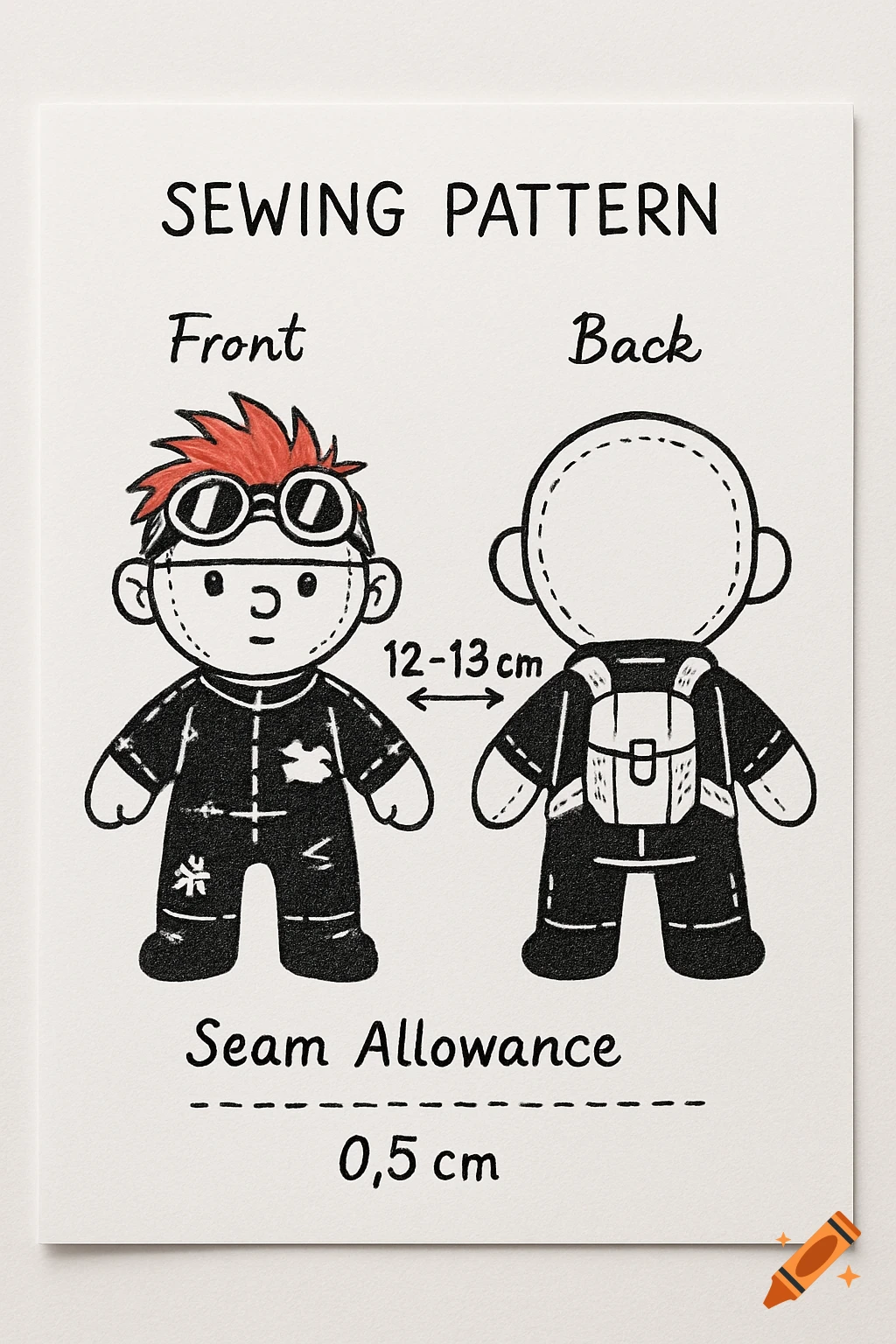 Hand-drawn sewing pattern for a plush toy with a mohawk and goggles, showing front and back views with labels.
