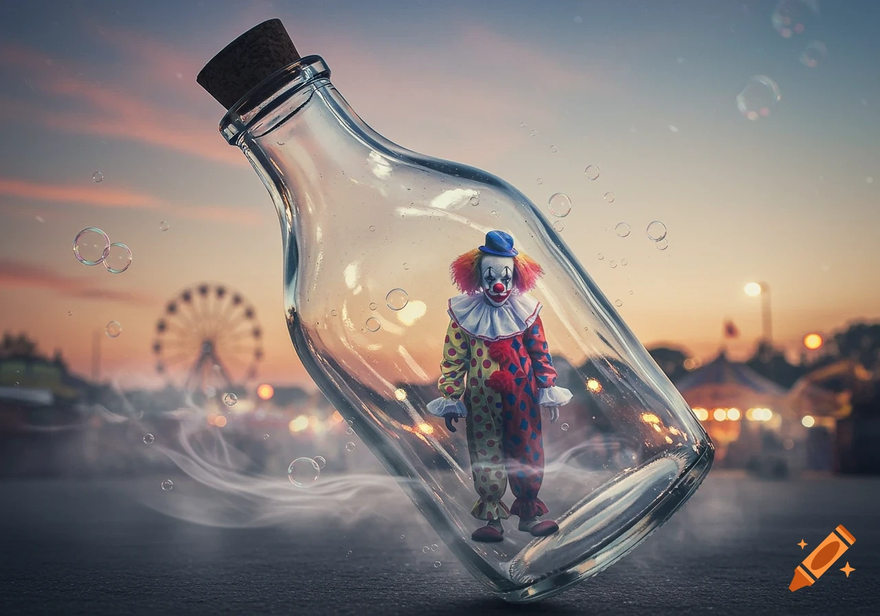A photorealistic image of a colorful clown inside a corked glass bottle, with a blurred carnival sunset in the background.