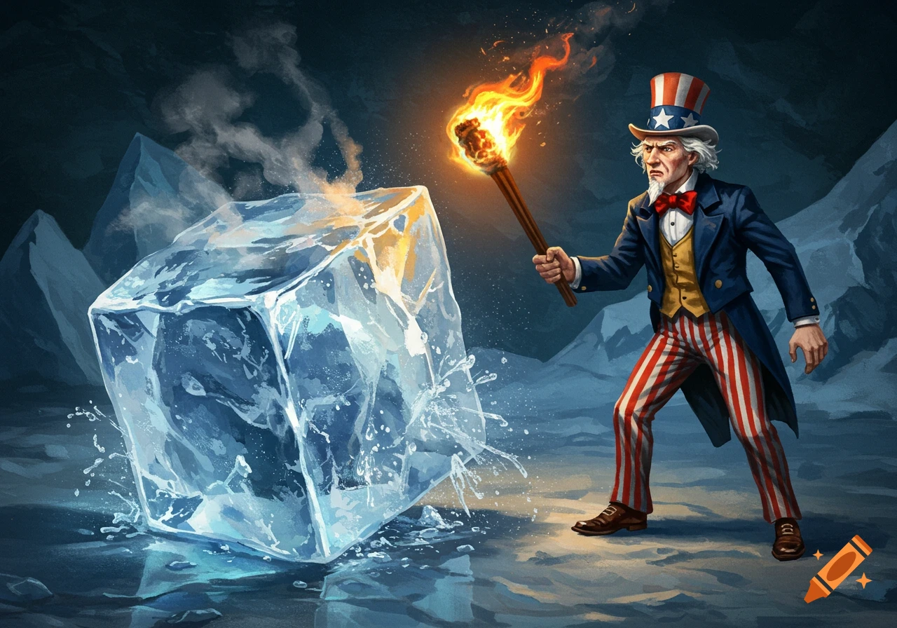 Uncle Sam uses a flaming torch to melt a large ice cube in an icy landscape, illustration.