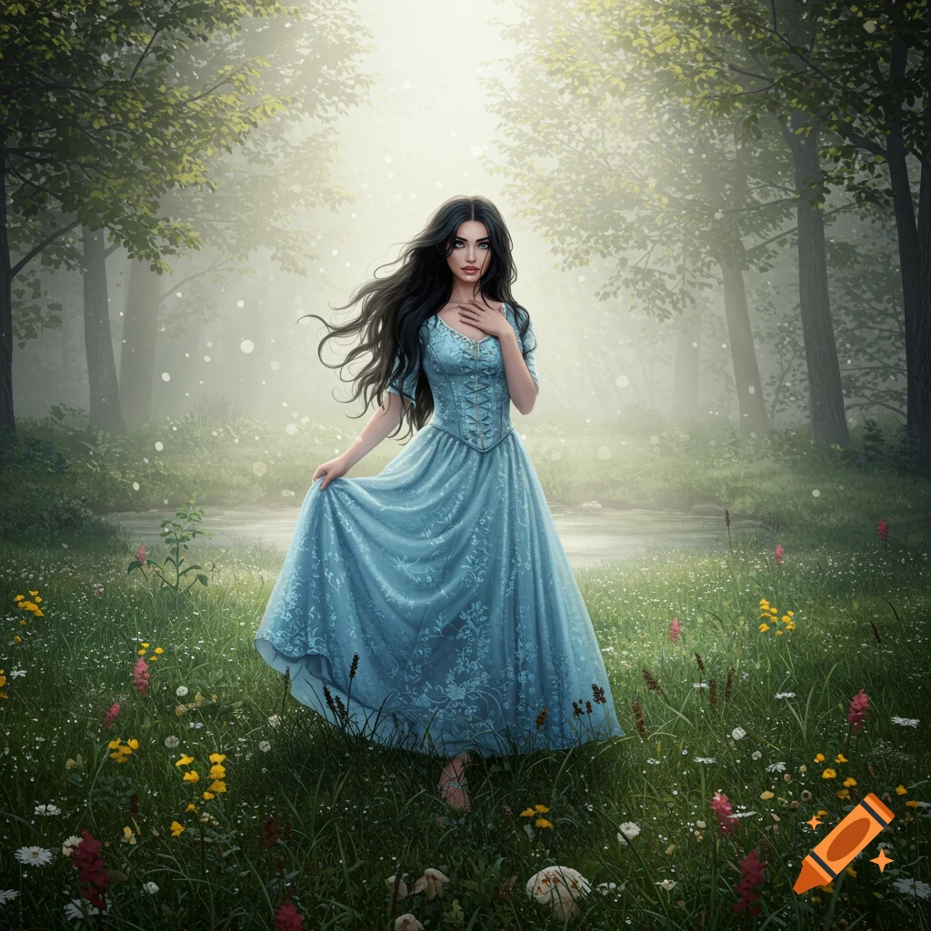 A beautiful woman with long dark hair in a blue medieval-style dress stands in a mystical, foggy forest clearing.