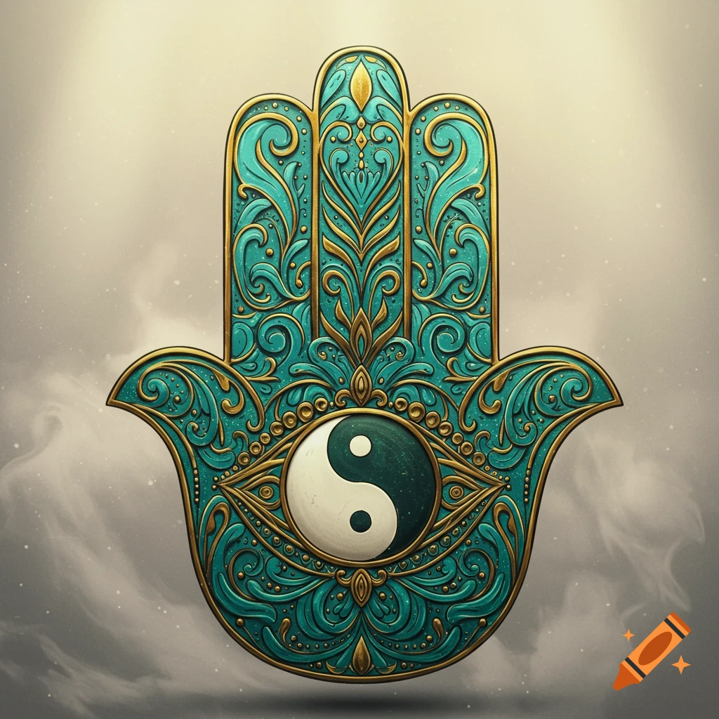 An ornate teal and gold Hamsa hand featuring a Yin-Yang symbol in its center, against a soft, smoky background.