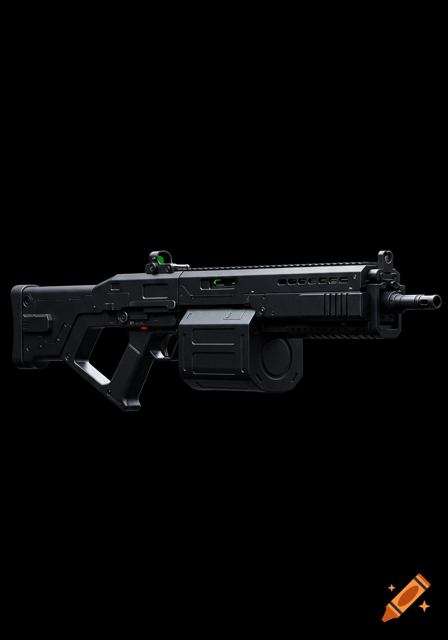 A sleek, full jet black futuristic light machine gun with green highlights on a black background.