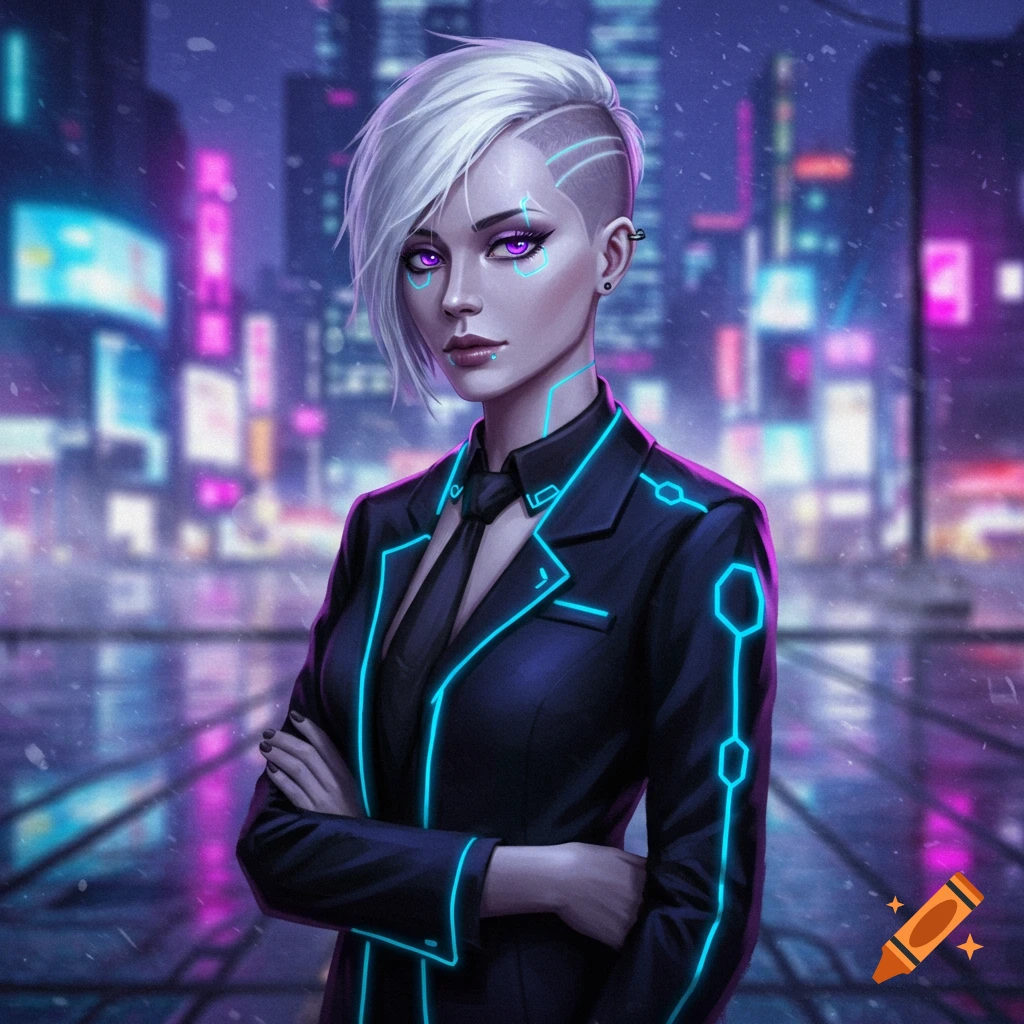 Cyberpunk woman with white hair and glowing purple eyes, wearing a black suit with blue neon lines, in a futuristic city.