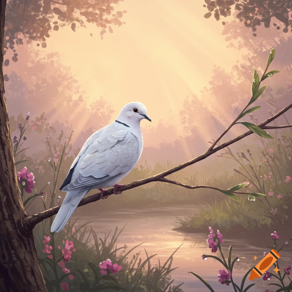 A white dove perches on a branch above a reflective river in a serene, painterly forest bathed in sunrise light.