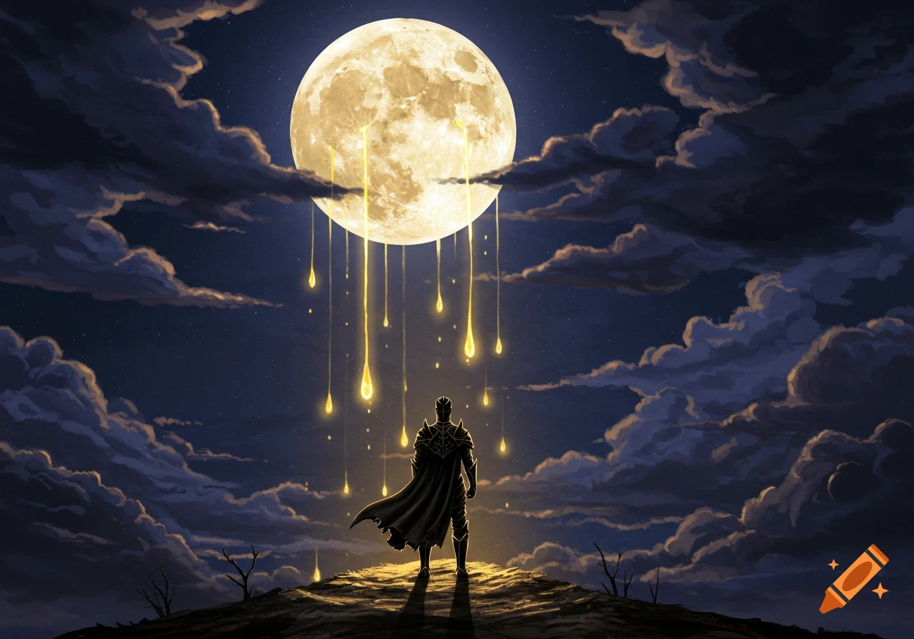 A lone knight in dark armor stands on a hill, gazing at a large full moon raining golden tears, surrounded by dark clouds.