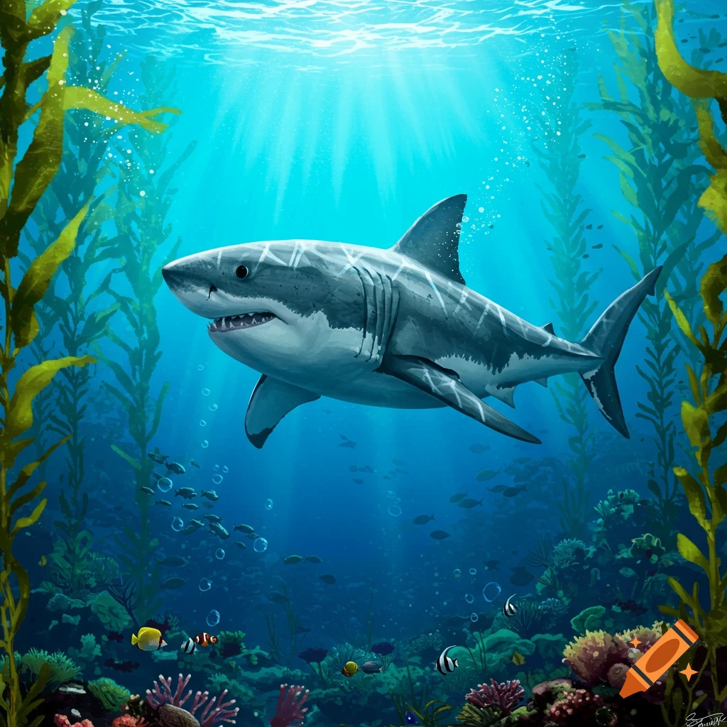 An illustrative great white shark swims through a vibrant kelp forest with coral reefs and small fish under sunlit water.