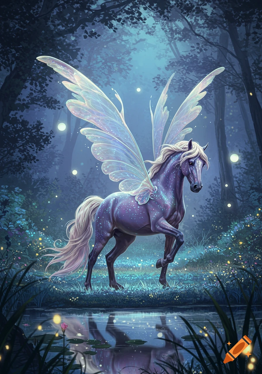 A majestic purple fae winged horse with glowing wings stands by a moonlit pond in an enchanted forest.