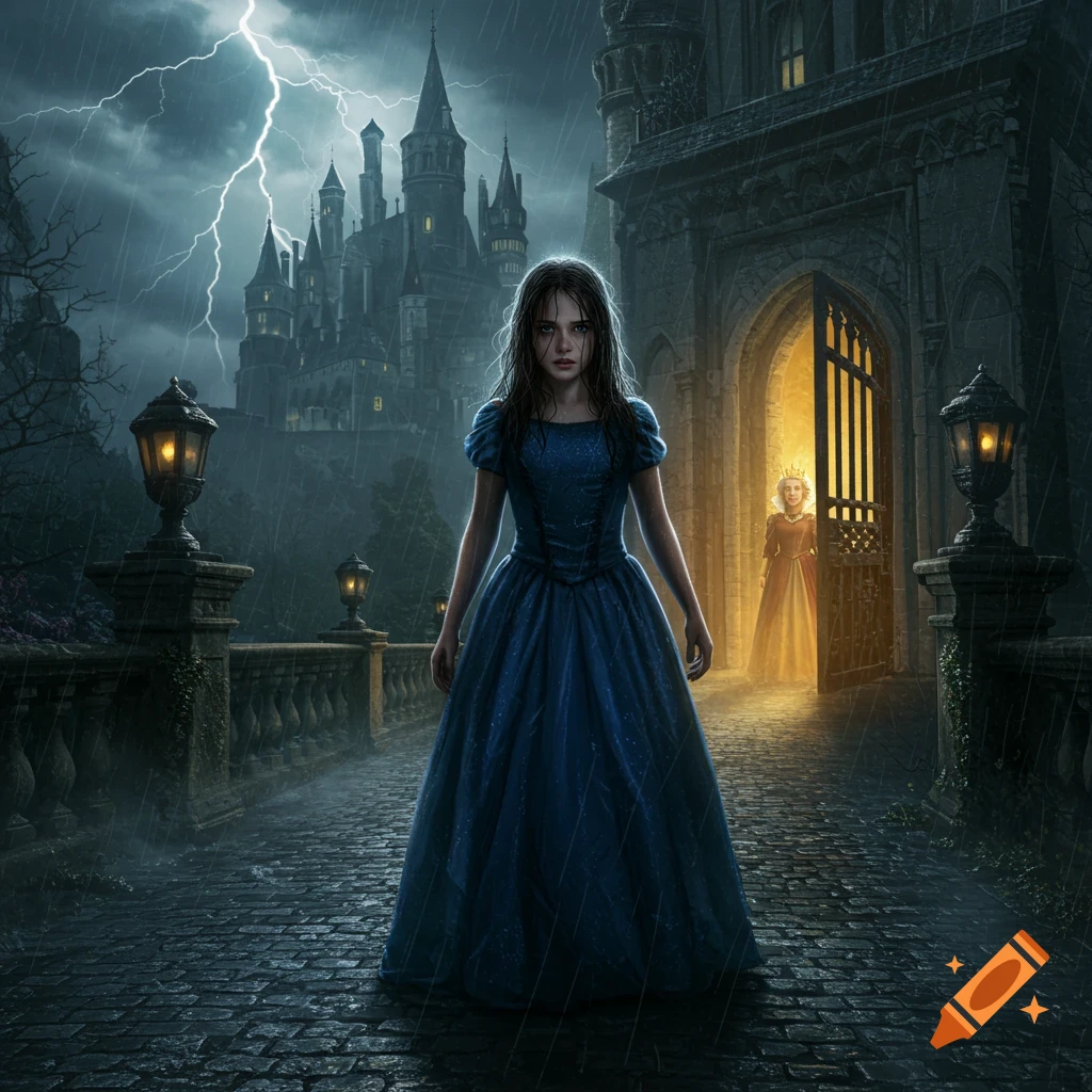 A young woman in a blue gown stands in the rain on a cobblestone path, facing away from a glowing castle entrance where a queen stands.