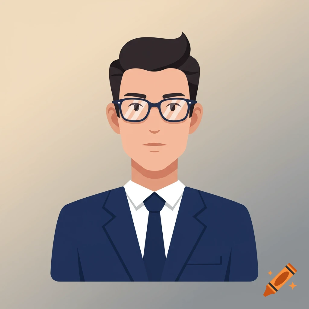 2D flat cartoon headshot of a professional man with dark hair and glasses, wearing a blue suit and white shirt with a dark tie.