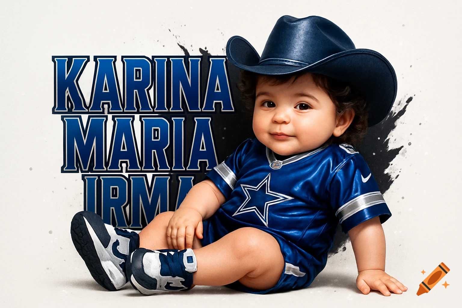 A cute baby wears a blue Dallas Cowboys jersey, a matching cowboy hat, and athletic shoes, with text 'Karina Maria Irma' on the left.
