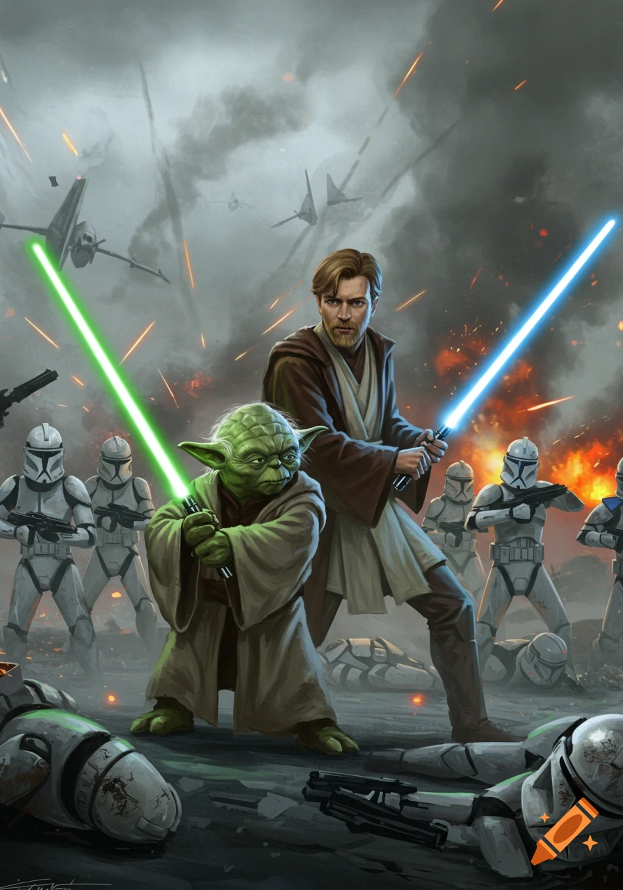 Yoda and Obi-Wan Kenobi wielding green and blue lightsabers, respectively, battling clone troopers amidst explosions and smoke in an epic illustrated scene.