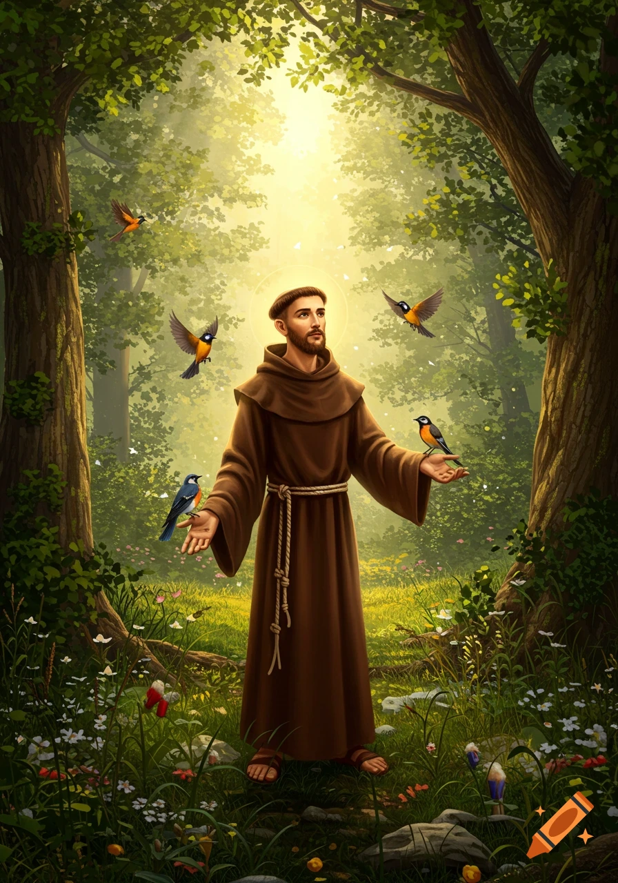 A bearded man in a brown robe, resembling Saint Francis, stands in a sunlit forest clearing with birds, in an illustrative style.
