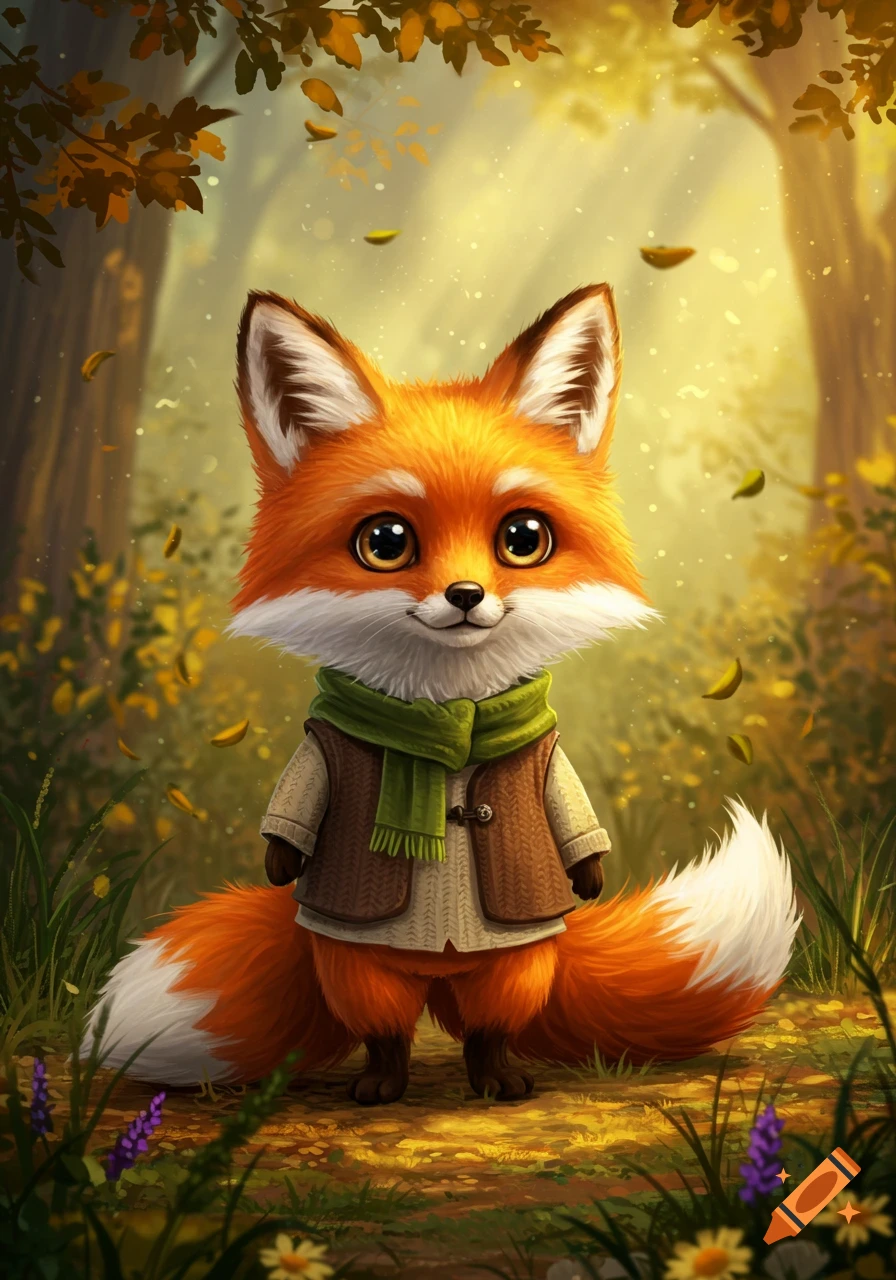 A cute, furry anthropomorphic fox with big eyes, green scarf, and brown vest, stands in a golden autumn forest. Illustration.