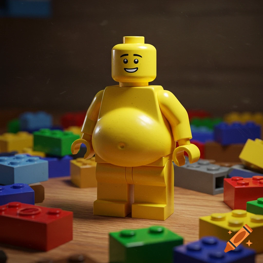 Photorealistic render of a yellow Lego minifigure with a large belly, surrounded by colorful Lego bricks on a wooden table.