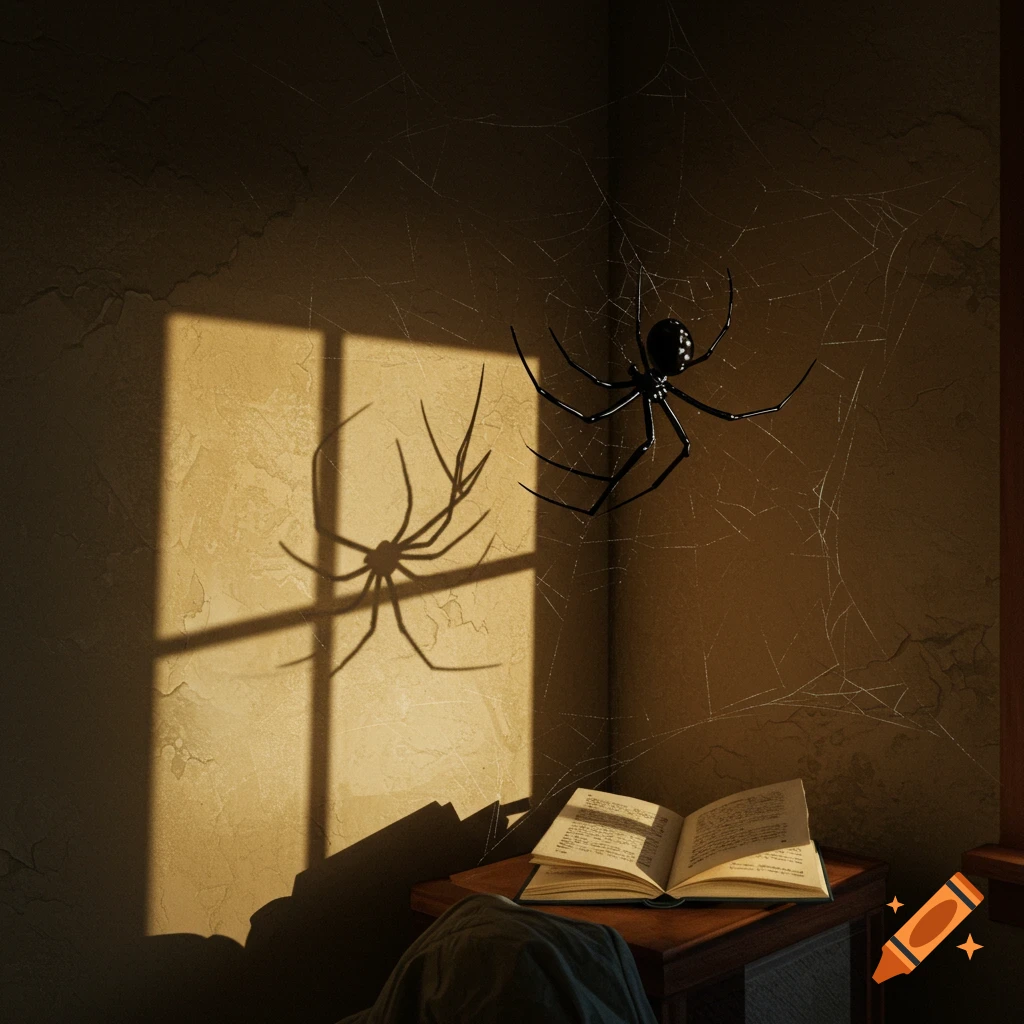 A black spider on a cobweb in a dimly lit room, with sunlight casting window shadows on a textured wall and an open book.