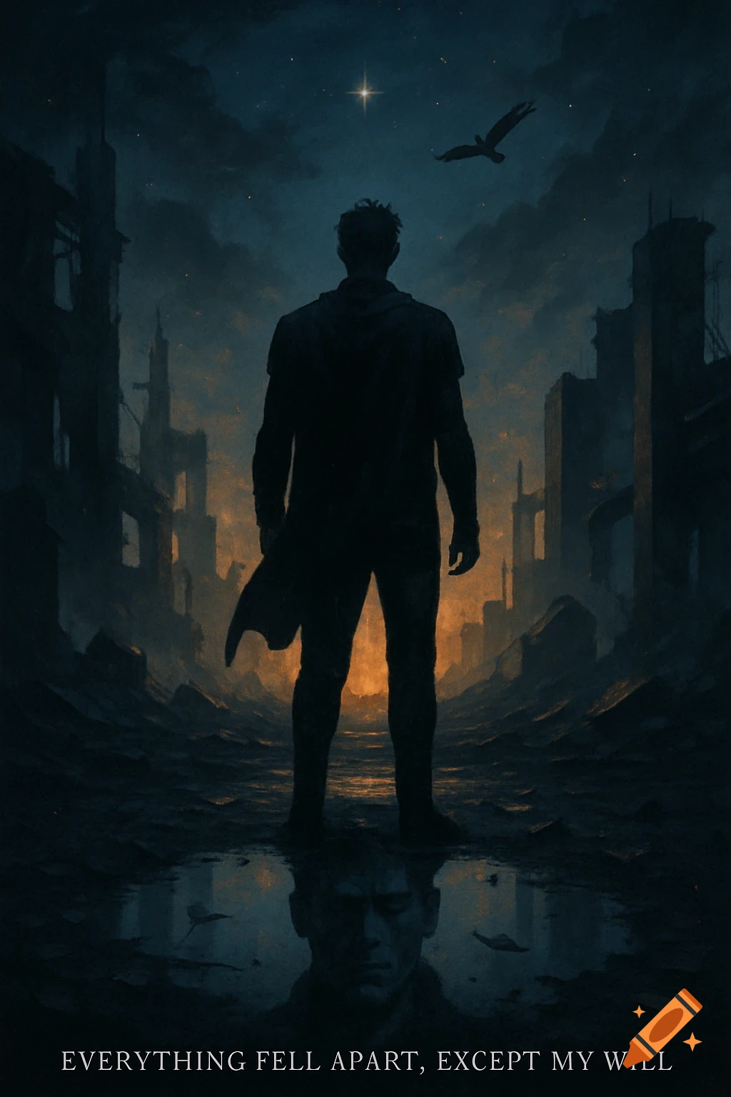 Silhouette of a man in a ruined city at dusk, looking towards a distant light, with his face reflected in a puddle.