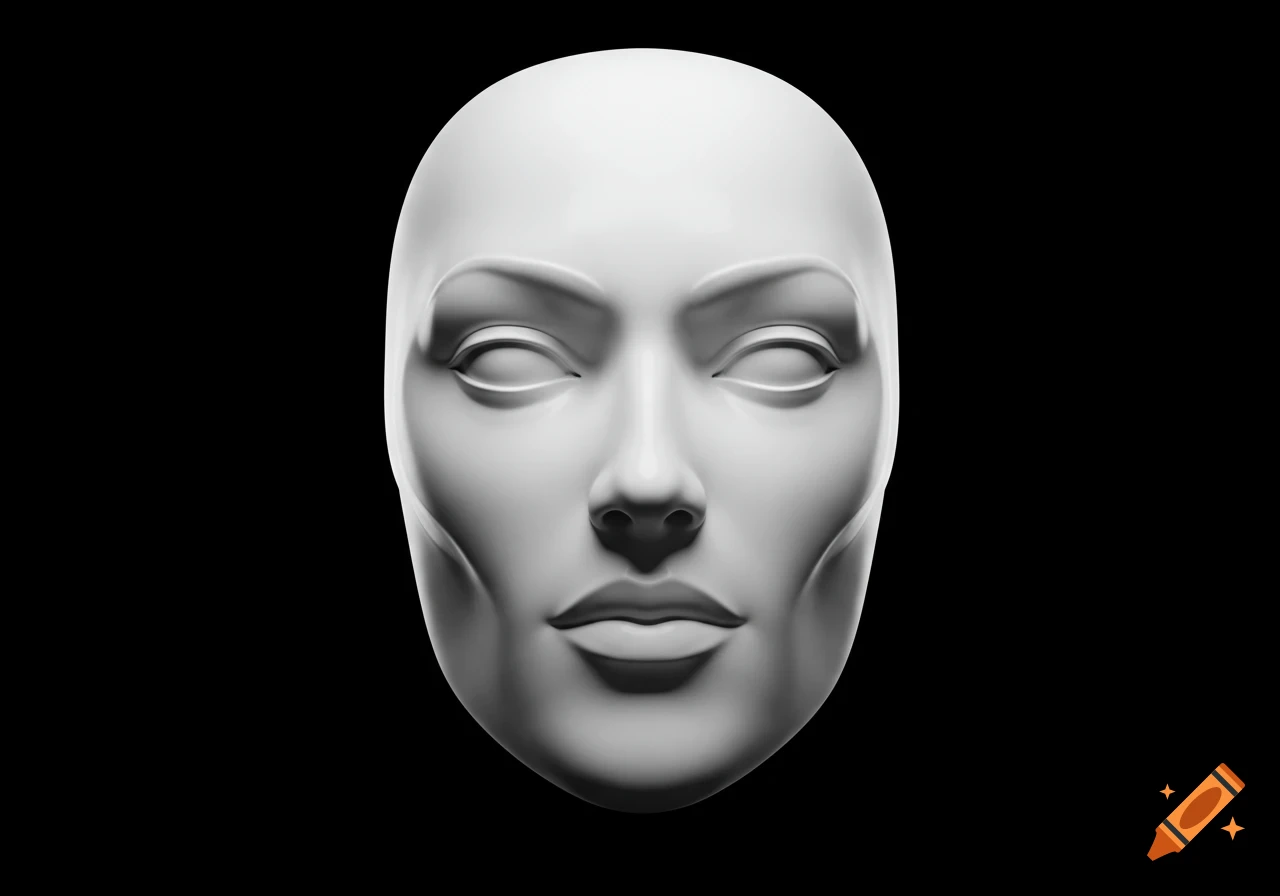 A smooth white 3D rendered face with subtle features and closed eyes on a black background.