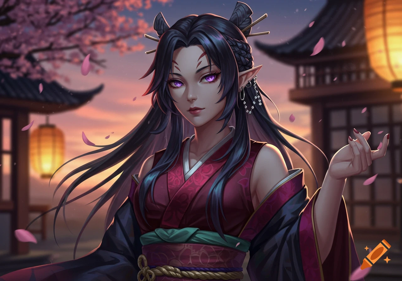 Digital painting of an elf-like woman with purple eyes and dark hair in a red kimono, surrounded by cherry blossoms and Japanese architecture at sunset.
