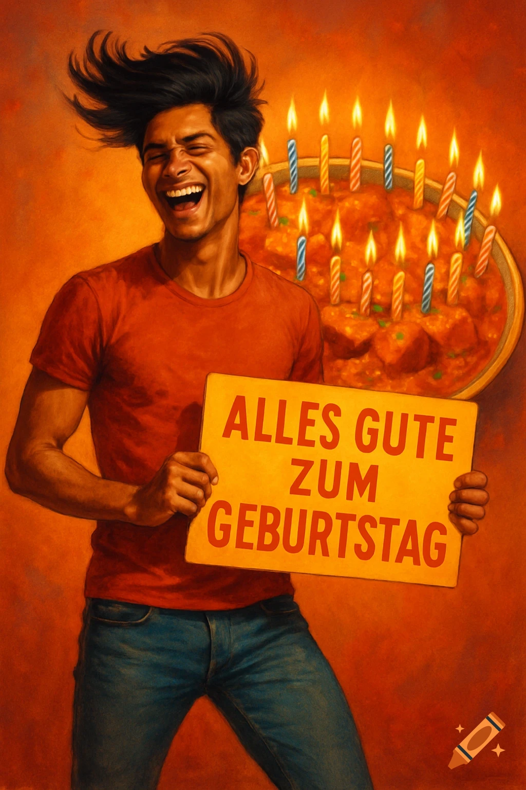 Laughing Indian man holds a 'Alles Gute Zum Geburtstag' sign in front of a bowl of chicken tikka masala with candles. Painterly style.