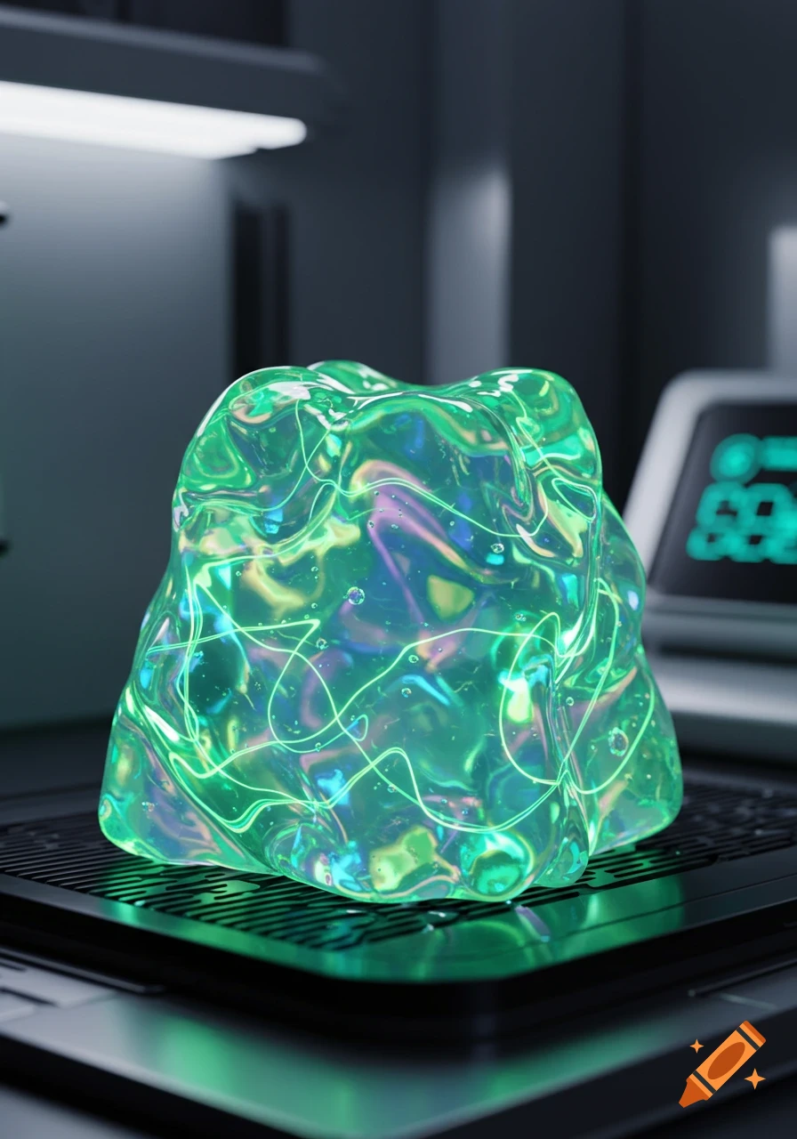 A glowing, translucent green gel with iridescent reflections and internal glowing lines, sits on a dark laptop keyboard in a sci-fi setting.