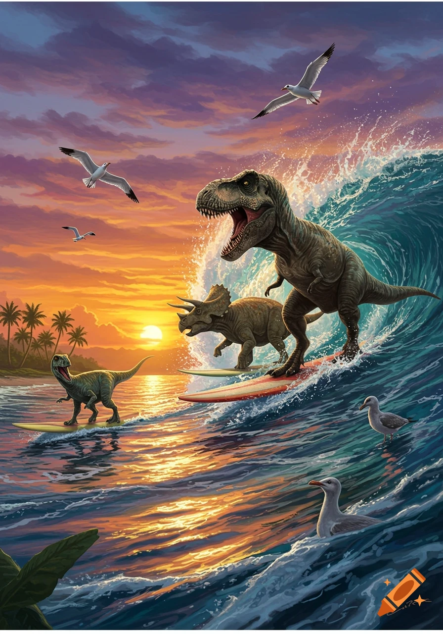 A T-Rex, Triceratops, and juvenile dinosaur surf a large wave at a beach sunset with seagulls and palm trees in an illustrative style.