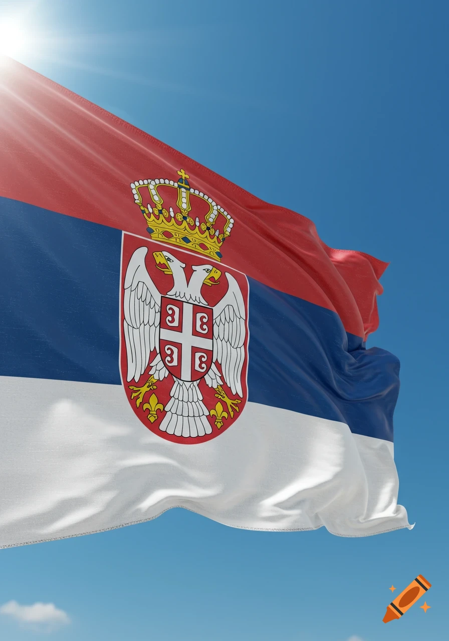 The Serbian flag waves against a bright blue sky, sunlight flaring from the top left corner.