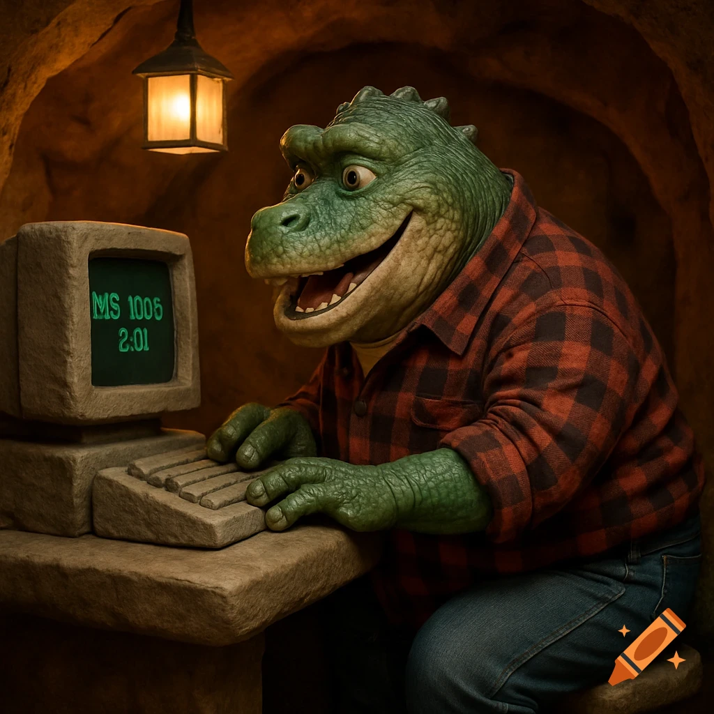 A happy, green, bipedal dinosaur wearing a plaid shirt and jeans sits at a stone desk, typing on a stone computer in a cavern.