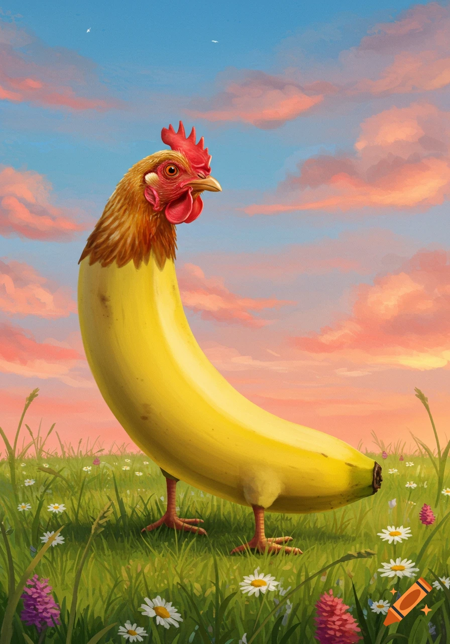 A surreal creature with a chicken's head and feet, and a long yellow banana for a body, stands in a grassy field under a pink and blue sky.