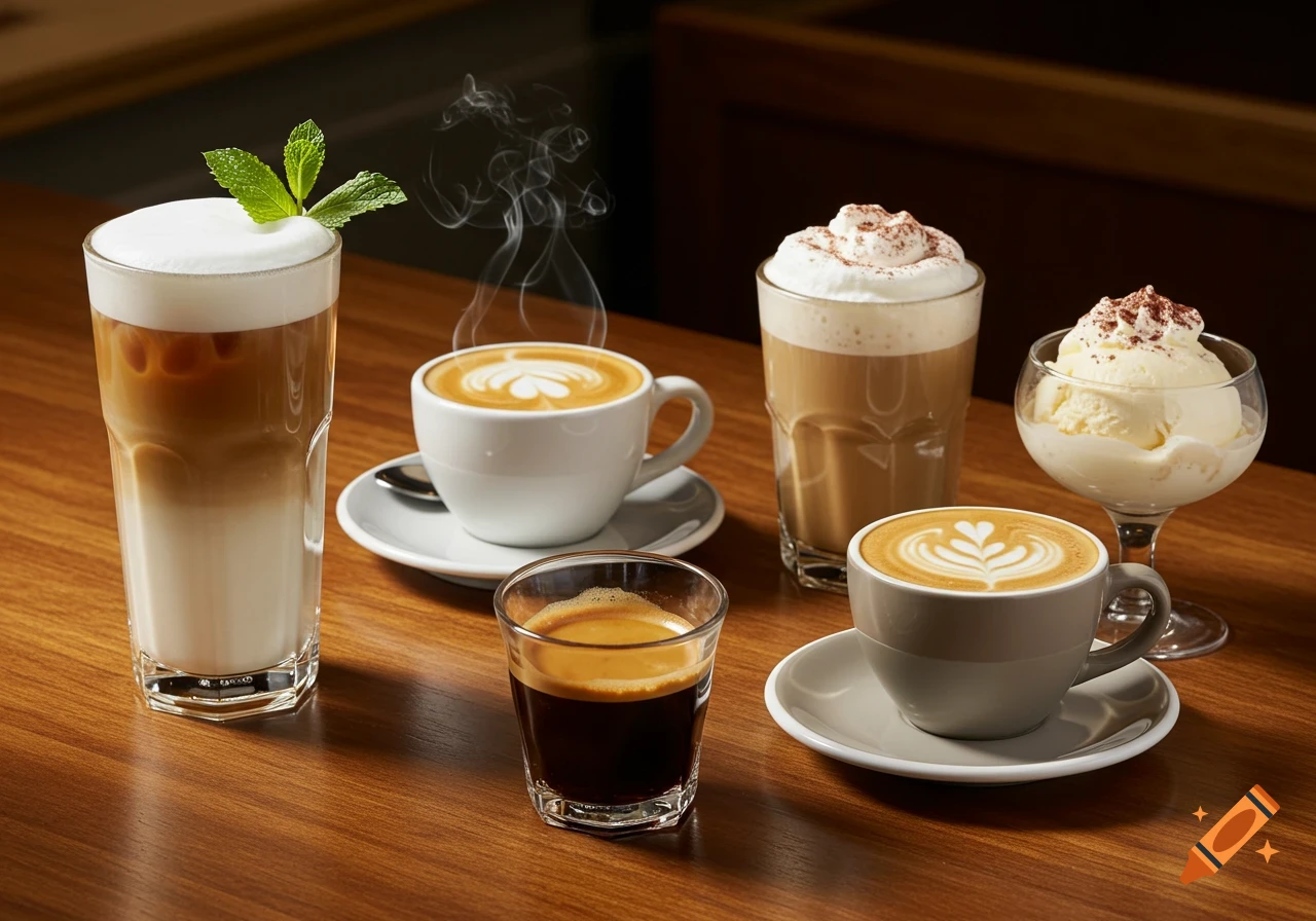 A collection of coffee drinks and an ice cream dessert on a wooden table, including iced latte, hot latte with art, espresso, mocha, and affogato.