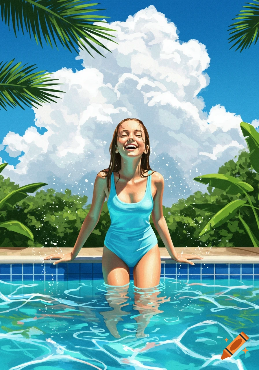 Happy girl in a blue swimsuit splashing in a tropical swimming pool under a bright blue sky, illustration.